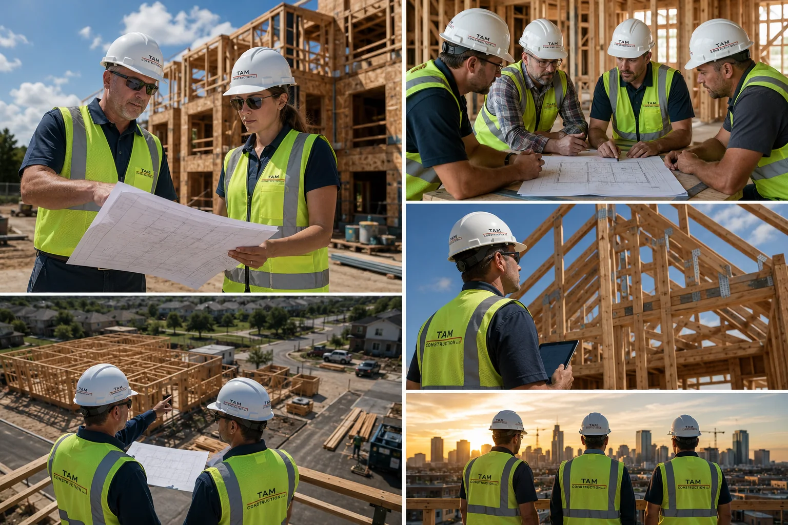Construction team coordinating drawings and field work